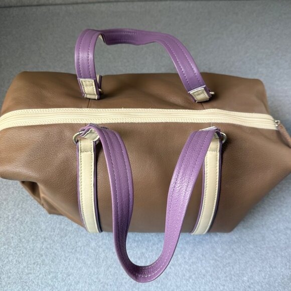 Levenger Taupe Brown Cream Purple Overnight Travel Bag Shoulder Duffel Weekend - Picture 7 of 16